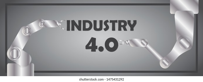 Industrial Revolution 4.0 concept with robotic arms around the Industry 4.0 text. Banner or panoramic format. EPS 10 vector.