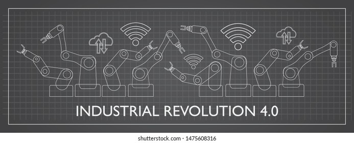 Industrial Revolution 4.0 Concept. Robotic Arms With Internet Of Things Icons Such As Wireless Communication Network And Cloud Computing Over Grey Background. Banner/panoramic Format. EPS 10 Vector.