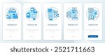Industrial revolution blue onboarding mobile app screen. Walkthrough 5 steps editable graphic instructions with linear concepts. UI, UX, GUI template