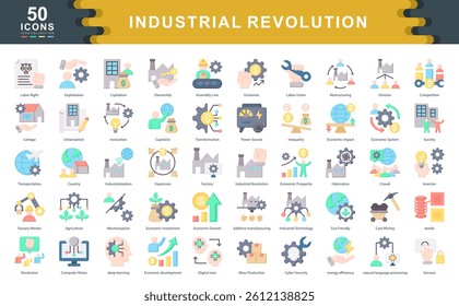 Industrial Revolution flat icon set explores themes like mechanization, innovation, and societal shifts, ideal for illustrating economic evolution, production processes, and historical transformation.