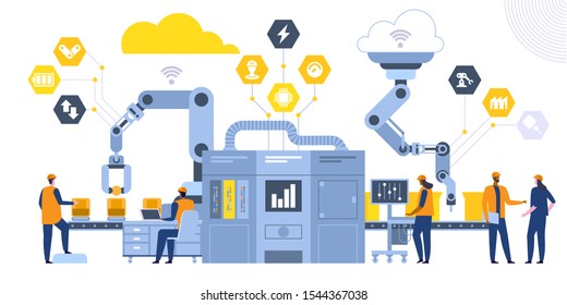 Industrial revolution flat vector illustration. Male and female factory coworkers, engineers cartoon characters. Manufacturing process, modern high tech machinery. Conveyor line controlling