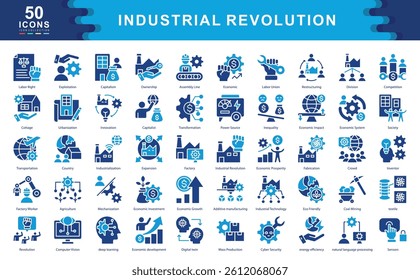The Industrial Revolution icon set explores themes like mechanization, innovation, and societal shifts, ideal for illustrating economic evolution, production processes, and historical transformation.