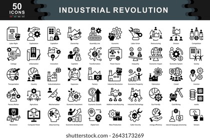 The Industrial Revolution icon set explores themes like mechanization, innovation, and societal shifts, ideal for illustrating economic evolution, production processes, and historical transformation.