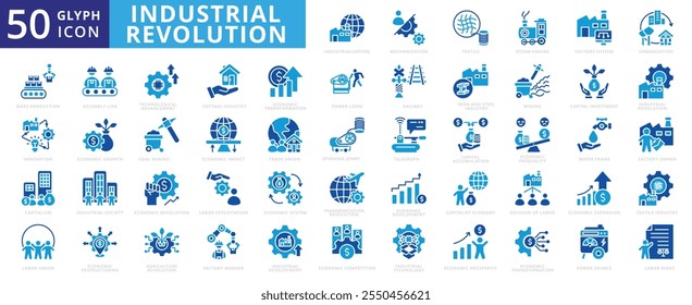 Ícone de Revolução Industrial conjunto com mecanização, têxtil, máquina a vapor, sistema de fábrica, urbanização, produção em massa, econômico, trabalhador, transformação, tecnologia, inovação e desenvolvimento