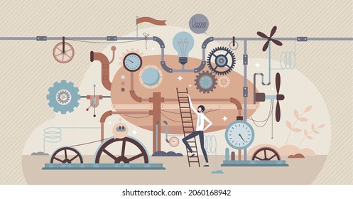 Industrial revolution with machines and steampunk gears tiny person concept. Factory and manufacturing development with retro style heavy machinery and complex innovative devices vector illustration.