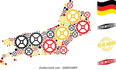 Industrial Rio de Janeiro State map mosaic and stamps. Vector collage is composed of clock gear icons in various sizes, and Germany flag official colors - red, yellow, black.