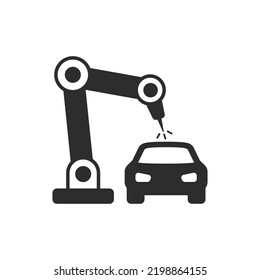 Industrial robot arm assembles car, vector icon. Monochrome black and white symbol