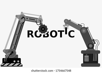 Robot industrial brazo ilustración plana con sistema de automatización utilizado para la fabricación o la industria 4.0 tecnología robótica (la capacidad de cambiar fácilmente el color) e icono de glifo.