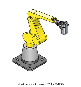 An industrial robot arm holding a shielded radioactive fissile material canister.