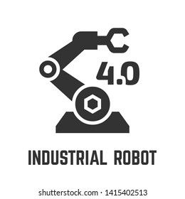 Industrial robot arm icon with automation system used for manufacturing or industry 4.0 robotics technology glyph symbol.