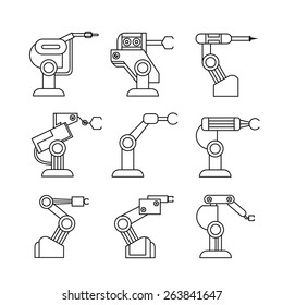 industrial robot arm icons, thin line icons