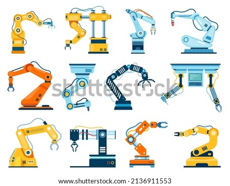 Industrial robot arm manipulators, industrial robotic hand machines. Factory automated arms robots, assembly line machinery vector set. Innovative equipment for production or manufacturing