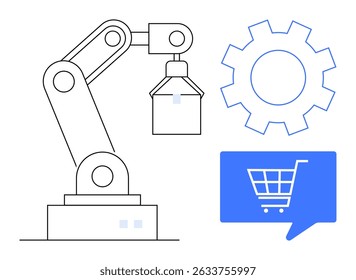 Braço robô industrial operando, adjacente a um ícone de engrenagem e um símbolo de carrinho de compras de e-commerce em uma bolha de fala. Ideal para automação, robótica, e-commerce, fabricação, design industrial