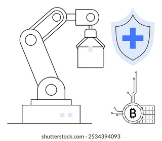 Industrial robot arm, security shield with blue cross, and Bitcoin symbol. Ideal for technology, automation, security, cryptocurrency, and innovation themes. Minimalist, modern, clean style