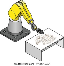 An industrial robot arm sketching drawing a cityscape  in ink.