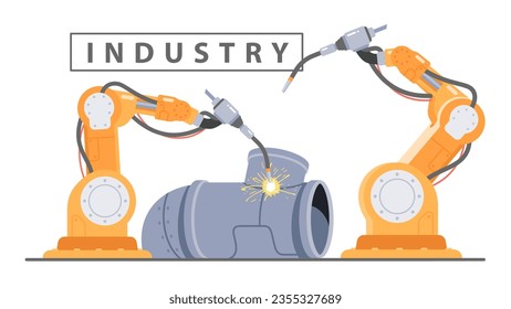 Industrial robot arms welding pipe. Automatic robotic hands working on assembly line. Innovation technology industry, manufacturing machinery equipment, production automation flat vector illustration