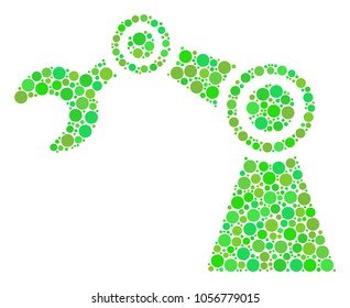 Industrial Robot collage of filled circles in various sizes and ecological green color tones. Vector round dots are combined into industrial robot collage. Ecology design concept.