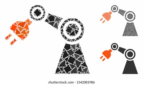 Industrial robot composition of bumpy items in various sizes and color tones, based on industrial robot icon. Vector ragged items are grouped into composition.