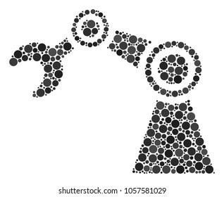 Industrial Robot composition of circle dots in different sizes and color tones. Filled circles are combined into industrial robot vector collage. Vector design concept.