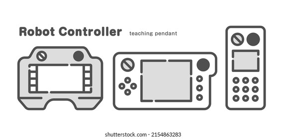 Industrial robot controller. Illustration set of teaching pendants for teaching tasks.