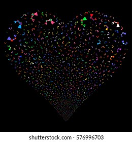Industrial Robot fireworks with heart shape. Vector illustration style is flat bright multicolored iconic symbols on a black background. Object heart constructed from confetti symbols.