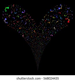 Industrial Robot fireworks stream. Vector illustration style is flat bright multicolored iconic symbols on a black background. Object double fountain combined from random pictograms.