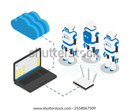 Industrial robot firmware data update. Programming task list of artificial intelligence for managing automated production. Isolated isometric 3D vector isolated on white background