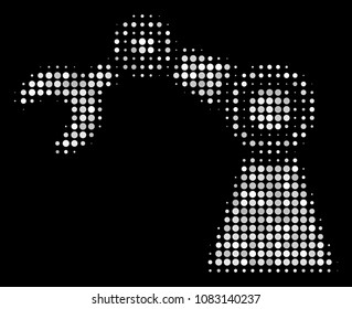 Industrial robot halftone vector icon. Illustration style is pixelated iconic industrial robot symbol on a black background. Halftone texture is created from spheric points.