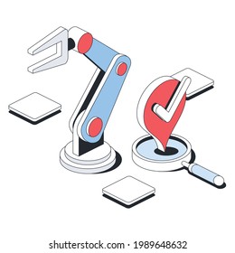 Industrial robot hand searching magnifier, map label, check mark. Vector 3d line isometric, color web icons, new flat style. Creative design idea for infographics.