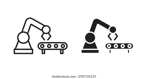 Industrial robot icon in a black stroke vector design and flat solid version on white background