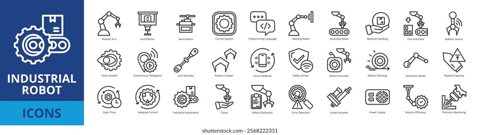 Industrial robot icon pack collection set for manufacturing and industry 4.0