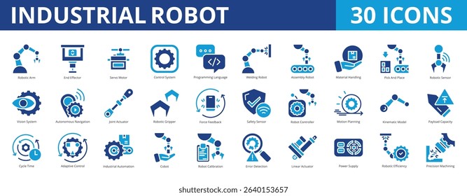 Industrial robot icon pack dual tone collection set for manufacturing and industry 4.0