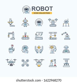 Industrial Robot Icon Set For Business Technology, Robotic Arm, Artificial Intelligence, Autonomous, Drone, Robotic Chef, Droid And Manufacturing Industry. Minimal Logo Cartoon Concept.