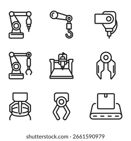 Industrieroboter-Symbolsatz. Linienstil-Vektoren. Enthält Symbole für Roboterarme, Hydraulikarme und mehr.