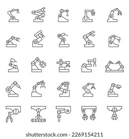 Industrial robot, icon set. Mechanical hydraulic robotic arm for manufacturing, linear icons. Line 