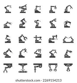 Robot industrial, conjunto de iconos. Brazo mecánico hidráulico-robótico para fabricación, iconos lineales. Glifo 