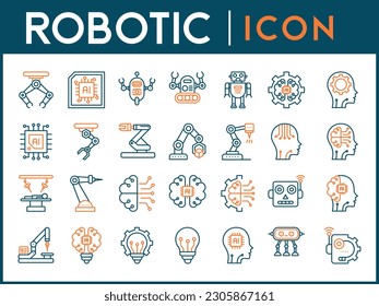 Industrial robot, icon set. Mechanical hydraulic robotic arm for manufacturing, linear icons.