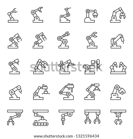 Industrial robot, icon set. Mechanical hydraulic robotic arm for manufacturing, linear icons. Line with editable stroke
