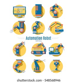 Industrial robot icons collection of different automatic mechanic arms and constructions in yellow circles isolated vector illustration