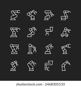 Industrial robot icons, white on black background. Mechanical factory robots, arms, hulls, joints, grips. For welding, assembly, moving. Customizable line thickness