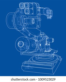 Industrial robot manipulator or robot arm. Vector image rendered from 3d model in sketch style or drawing. Blue background