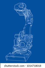 Industrial robot manipulator or robot arm. Vector image rendered from 3d model in sketch style or drawing. Blue background