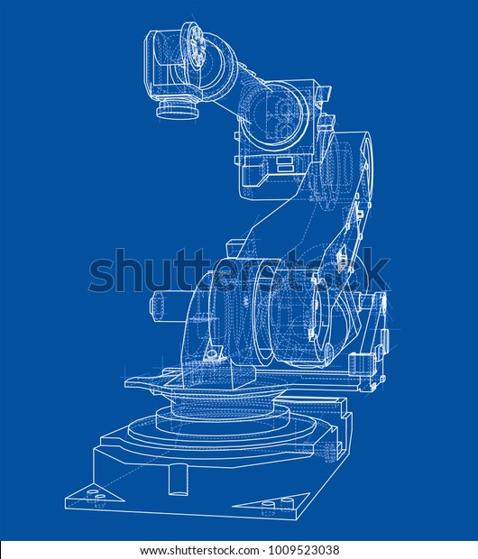 産業用ロボットマニピュレータまたはロボットアーム スケッチスタイルまたは図面で3dモデルからレンダリングされたベクター画像 青の背景 のベクター画像素材 ロイヤリティフリー