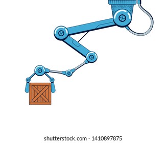 Industrial robot manipulator. Mechanical hand with wood box isolated on white background. Vector illustration