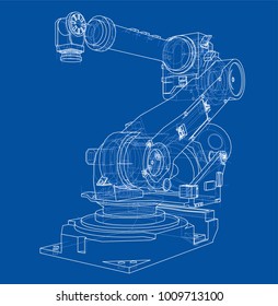 Industrial robot manipulator. Vector image rendered from 3d model in sketch style or drawing. Blue background