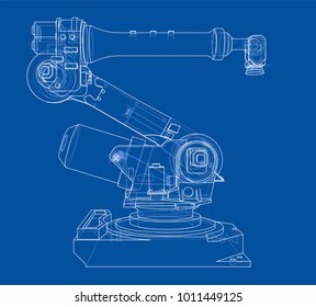Industrial robot manipulator. Vector image rendered from 3d model in sketch style or drawing. Blue background