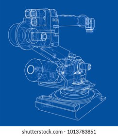 Industrial robot manipulator. Vector image rendered from 3d model in sketch style or drawing. Blue background