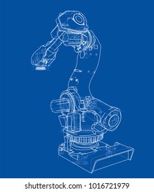 Industrial robot manipulator. Vector image rendered from 3d model in sketch style or drawing. Blue background