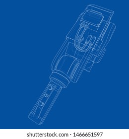 Industrial robot manipulator. Vector image rendered from 3d model in sketch style or drawing. Blue background