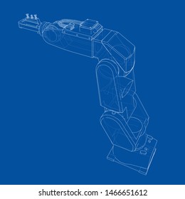 Industrial robot manipulator. Vector image rendered from 3d model in sketch style or drawing. Blue background